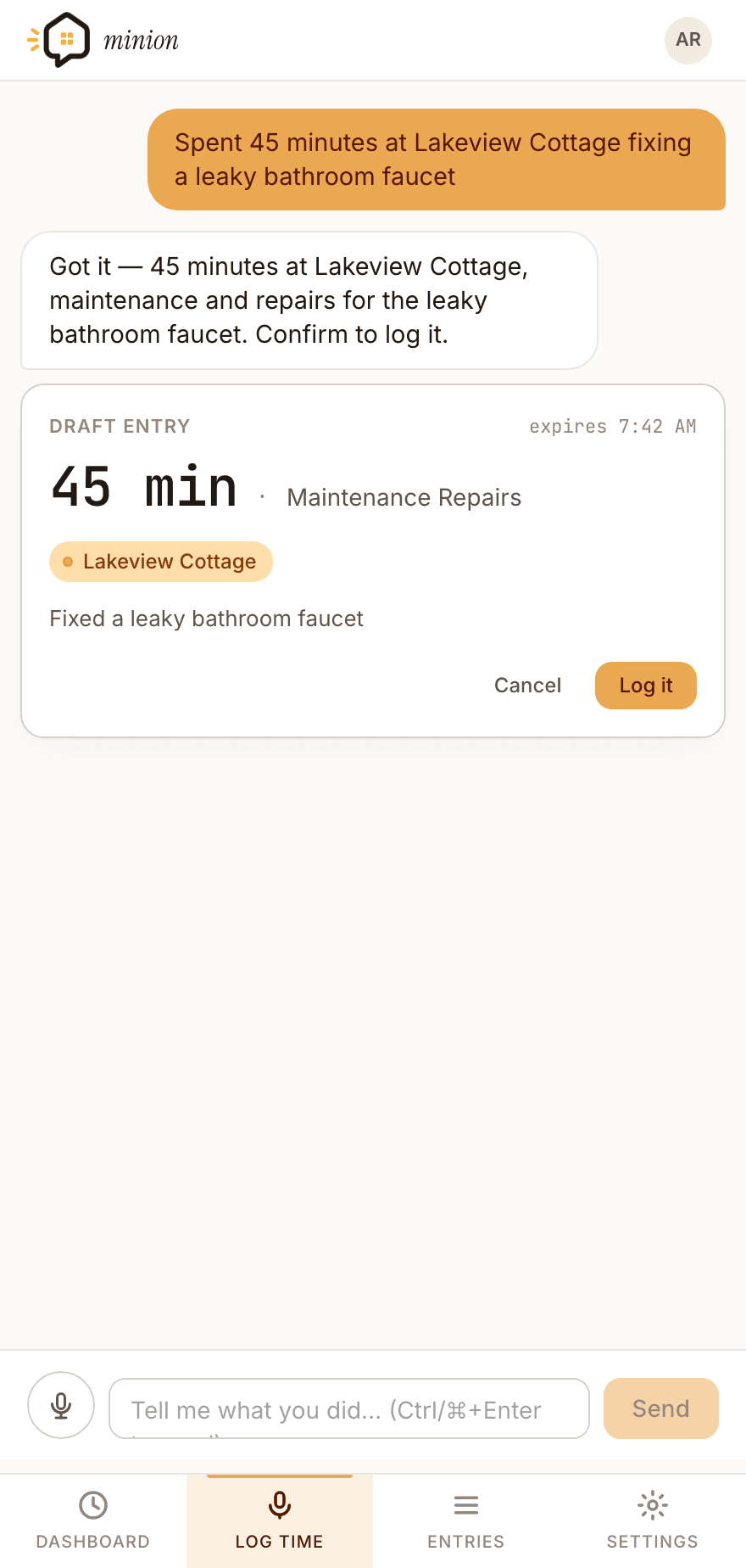 STR Minion chat: a typed note becomes a draft time entry you confirm with one tap.