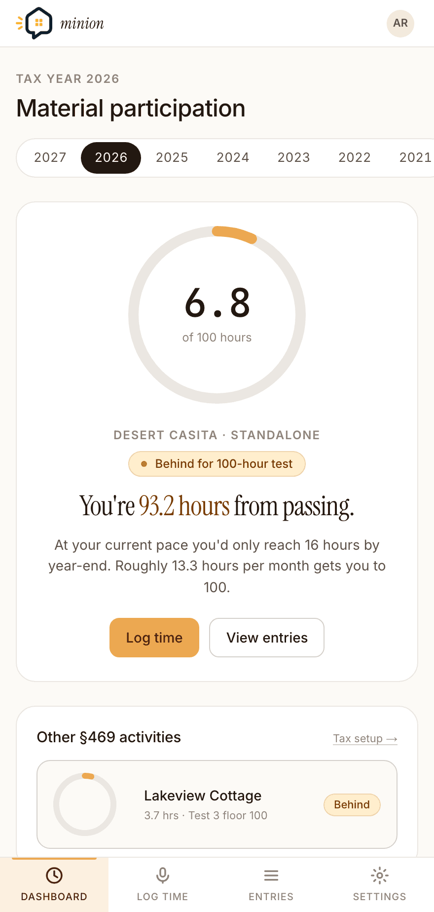 The dashboard showing the material-participation hours ring, the MP test indicators, a by-property breakdown, and a recent-activity list.