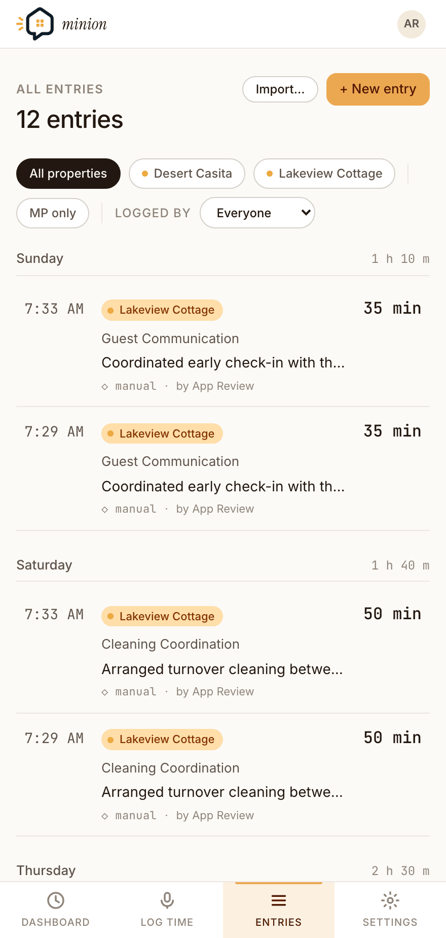 The entries list grouped by day, with filter pills for property and category and per-entry duration, category, and property.